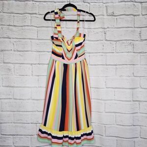 Modcloth Womens Multicolor Frequent Piquant Stripe Ruffle Hem Halter Dress Small